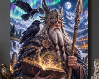 Odin Norse Mythology Vikings Ravens Runes Satin Canvas, Stretched