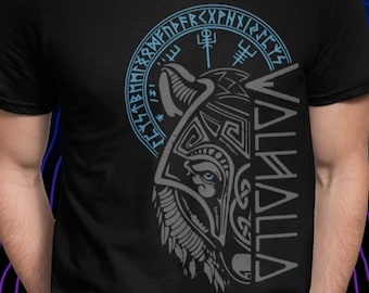 Walhalla Wolf Maske Runen Nordischer Kompass Wikinger T-shirt Warrior Odin Embrace the Norse warrior spirit with this unisex cotton T-shirt