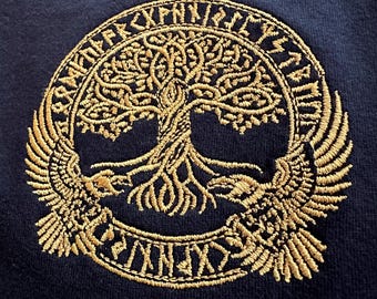 Walhalla Raben Odins Hugin, Munin Raben Walhalla Raben Runen Lebensbaum besticktes Wikinger T-Shirt