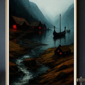 Nordische Wikingersiedlung am Fjord bei Dämmerung Poster