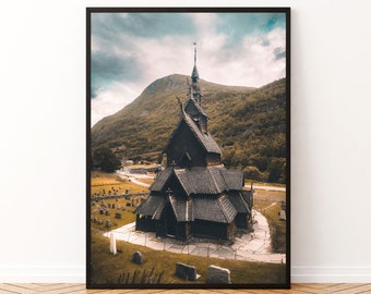 Norway Poster, Norway Wall Art, Fairytale Art Print, Wall Decor, Framed Poster, Asgard Loki Print, Scandi Decoration, Stave Church Print