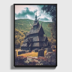 Stave Church Borgund, Norway Vikings, Poster Canvas, Gift idea for Christmas, Ragnar Lodbrok, Odin Thor, Fantasy Wall Art, Norway