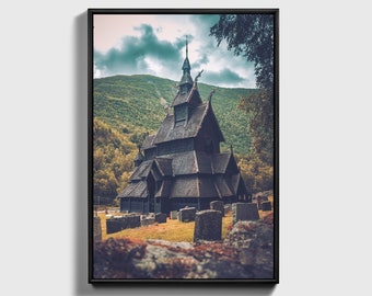 Stave Church Borgund, Norway Vikings, Poster Canvas, Gift idea for Christmas, Ragnar Lodbrok, Odin Thor, Fantasy Wall Art, Norway