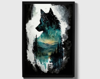 Wolf en natuur aquarel Art Print, Wolf en natuur schilderij Wall Art t decor, originele kunstwerken, wilde dieren kunst, Wolf en natuur schilderij