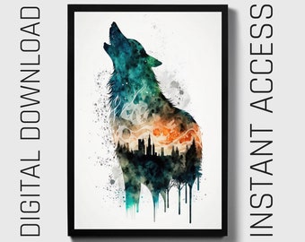 Wolf Watercolor PRINTABLE ART Wolf Print Instant Download Wolf Poster Wildlife Gift Animals Wall Decor Nursery Animal Painting Colorful Art