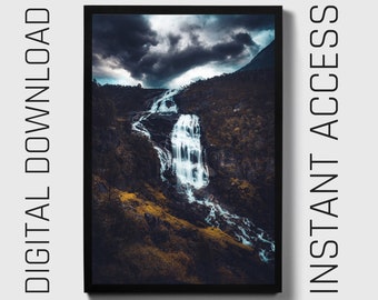 Lámina decorativa de cascada fantástica para imprimir, arte mural de cascada para descargar digitalmente, arte de bosque encantado, arte mural místico, póster de cuento de hadas.