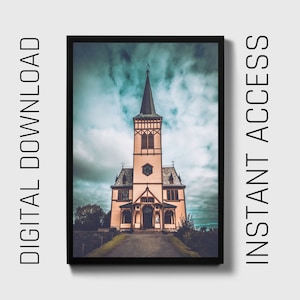 Vagan Church Lofoten Norway Wall Art - Digital Download, Vintage Architecture Photography