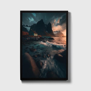 Norway artwork, Digital Illustration,Lofoten islands,Mountain art,Sunrise photo,Landscape room decor,Nature photo,Norway mountain