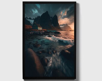 Norway artwork, Digital Illustration,Lofoten islands,Mountain art,Sunrise photo,Landscape room decor,Nature photo,Norway mountain