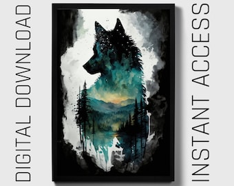 Wolf Watercolor PRINTABLE ART Wolf Print Instant Download Wolf Poster Wildlife Gift Animals Wall Decor Nursery Animal Painting Colorful Art