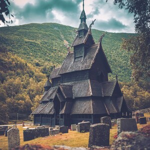 Stave Church Borgund, Norway Vikings, Poster Canvas, Gift idea for Christmas, Ragnar Lodbrok, Odin Thor, Fantasy Wall Art, Norway image 3