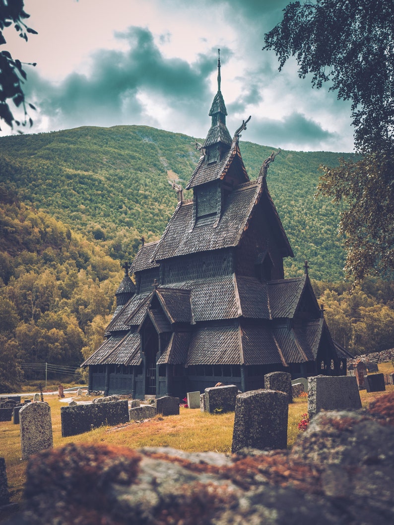 Stave Church Borgund, Norway Vikings, Poster Canvas, Gift idea for Christmas, Ragnar Lodbrok, Odin Thor, Fantasy Wall Art, Norway image 3