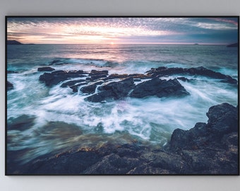 Midnightsun in Norway Poster, Cliffs with Sunset Wall Art Canvas, Living Room Decoration, Valentines Day Gift Idea