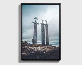 Swords Rock Poster, Sverd i Fjell Canvas, Wall Art Decor, Home Decor, Nordic Art, Stavanger Landmark, Iconic Symbol, High-Quality Print,