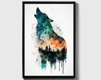 Wolf and Nature Watercolor Art Print, Wolf and Nature Painting Wall Ar t Decor, Original Artwork, Wild animals Art, Wolf and Nature Painting