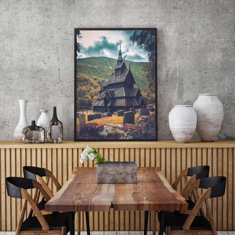 Stave Church Borgund, Norway Vikings, Poster Canvas, Gift idea for Christmas, Ragnar Lodbrok, Odin Thor, Fantasy Wall Art, Norway image 4