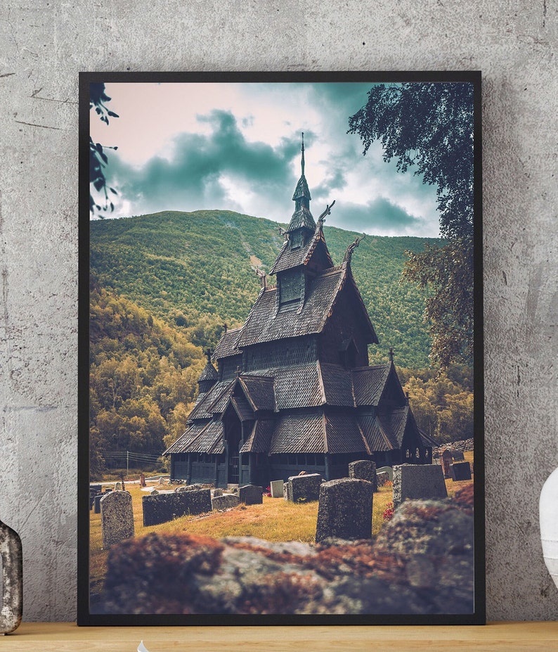 Stave Church Borgund, Norway Vikings, Poster Canvas, Gift idea for Christmas, Ragnar Lodbrok, Odin Thor, Fantasy Wall Art, Norway image 2