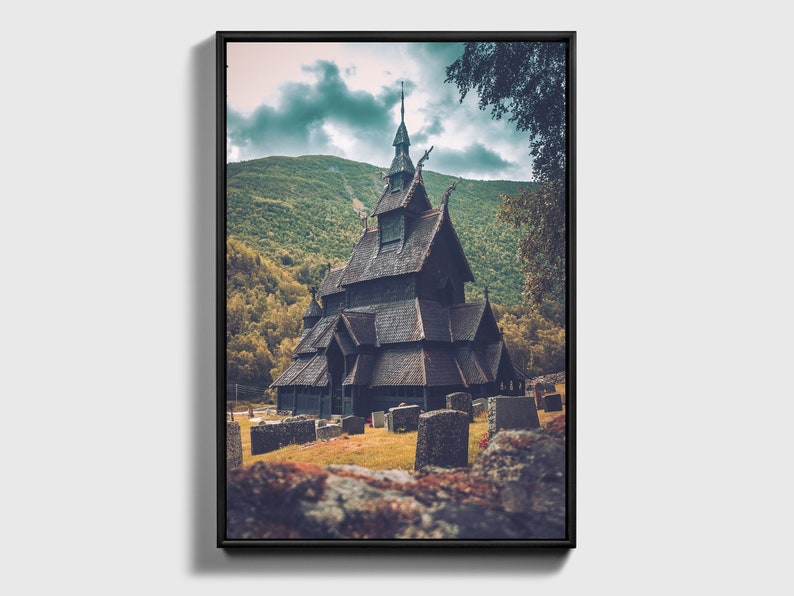 Stave Church Borgund, Norway Vikings, Poster Canvas, Gift idea for Christmas, Ragnar Lodbrok, Odin Thor, Fantasy Wall Art, Norway image 1