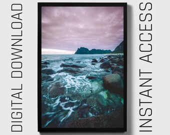 Uttakleiv beach art, digital download, Nordic wall decor, landscape photography, minimalist print, instant download, scenic art print,