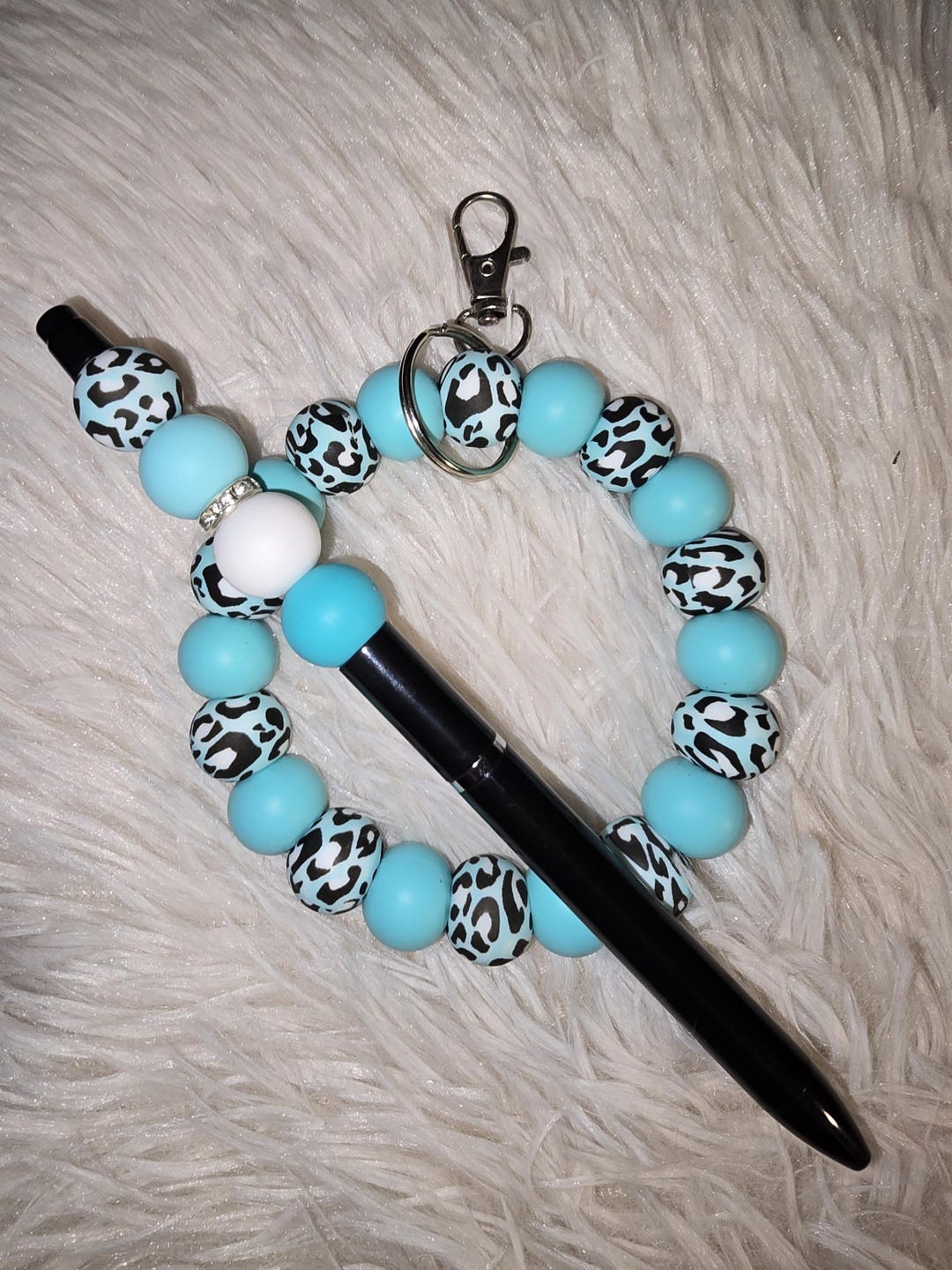 Light Blue Leopard Beaded Keychain Wristlet Set - Etsy