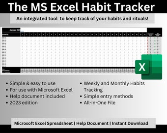 Habit Tracker 2023, EXCEL Spreadsheet, Habit Tracker, Goal Tracker, Productivity, Daily, Weekly, Monthly, Goal Tracker, Excel, MS Excel