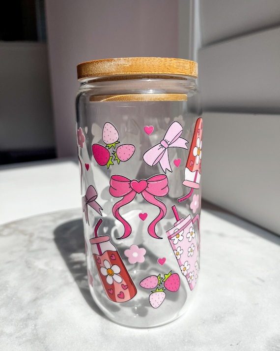 Pink Coquette Glass Cup, Pink Tumbler, Iced Coffee Glass, Cowgirl Glass Cup, 16oz cup, Aesthetic Tumbler Cup