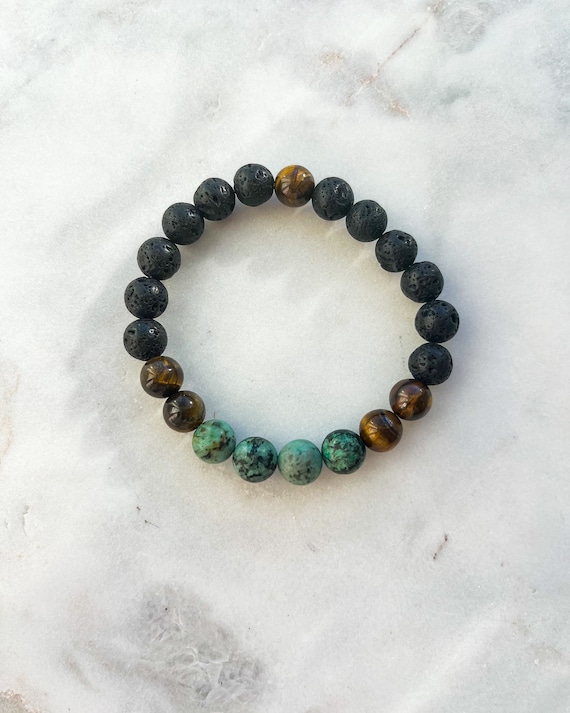 African Turquoise, Lava Rock, and Tiger Eye Mixed Stone Bracelet/ Mens Bracelet