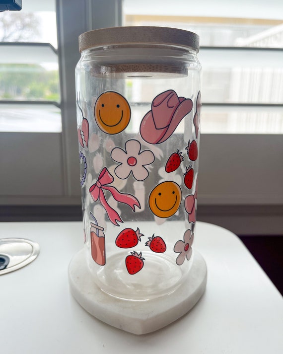Preppy Smiley Face Glass Cup, Trendy Glass Tumbler for drinks, Cute Bestie Gifts, Summer Tumbler, 16 oz glass libbey cup