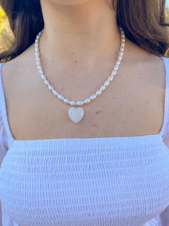 Freshwater Pearl Necklace, Quartz Heart Charm Necklace, Elegant Freshwater Pearl Necklace