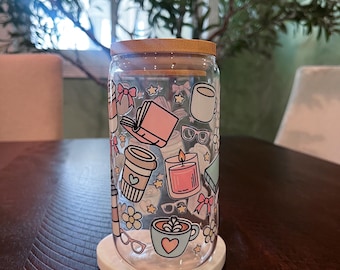 Books and Coffee Glass Cup | Pink Bows, Floral Design (16oz)