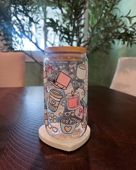Whimsical Books and Coffee Glass Cup | Book Lovers Cup  | Iced Coffee Cup | Gifts for Book Lovers | Pink Bow Cup