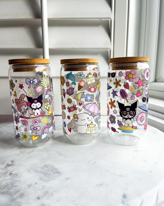 16 oz. Cute Kawaii Glass Cup with Bamboo Lid & Glass Straw | Libbey Glass | Kuromi | Cinamoroll | Hello Kitty | My Melody | Coffee Glass Cup
