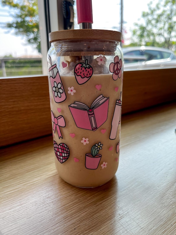 Strawberry Cowgirl Glass Cup – Pink Boots | Bows | Disco Ball & Books| Cute Aesthetic Tumbler | Iced Coffee Cup  | Trendy Glassware