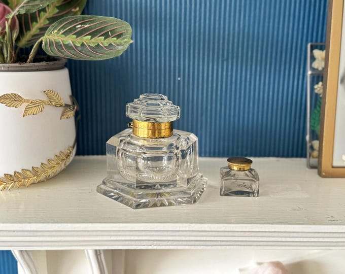 Vintage Cut Glass Inkwell Pair with Brass Lids – Hexagonal Art Deco Base