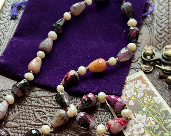 Purple twilight necklace with faceted agate and freshwater pearls
