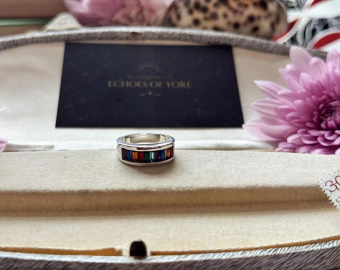 Rainbow Gem-Style Statement Ring – Silver-Tone Metal – Size L