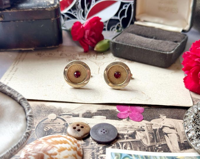 Vintage Gold Tone Cufflinks with Ruby Red Glass Centre – Round Mid-Century Style
