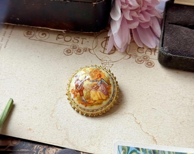Rococo Romance Scene Brooch – Gold-Tone Setting Transfer