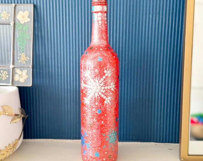 Festive Handpainted Snowflake Bottle Lamp – Red & Blue Design