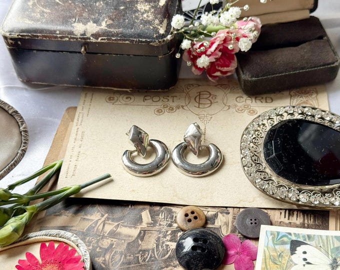 Chunky Silver Sculptural Clip-On Earrings | 1980s Vintage Style Hoop Studs