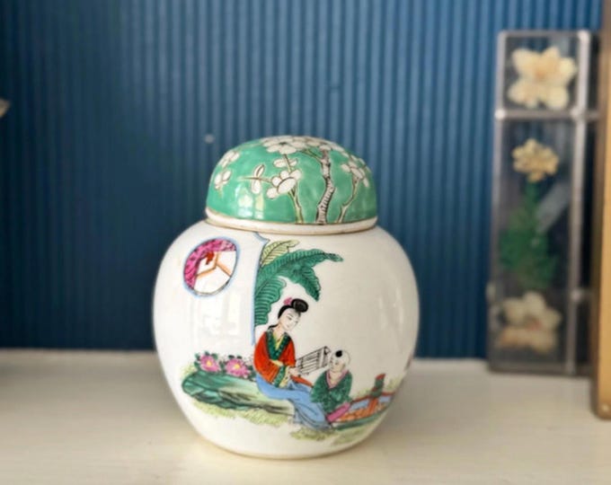 Chinese garden scene hand-painted ginger jar with blossom lid