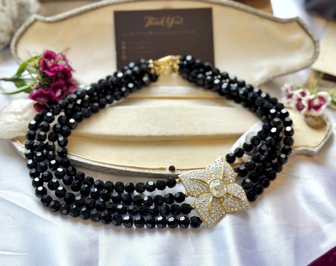 Vintage Multi-Strand Black Faceted Bead Collar Necklace with Ornate Clasp