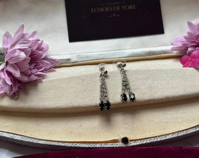 Vintage rhinestone drop earrings – black & clear claw-set sparkle