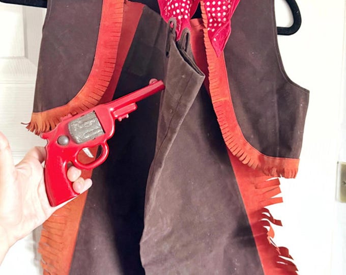 Vintage Cowboy Dress-Up Set with Red Cap Gun and Fringed Chaps