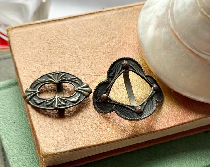 Antique metal shoe or garment buckles shell clover designs, Victorian era charm