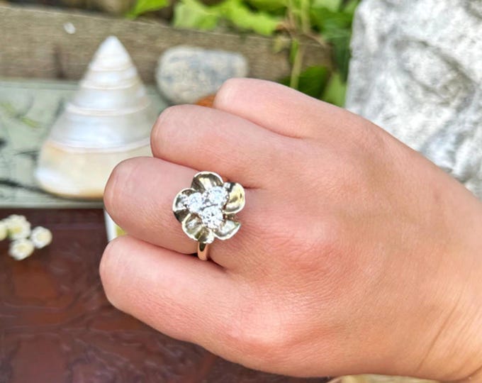 Vintage Silver Gilt 925 Floral Cocktail Ring with Zirconia, Size Q Gold Plated