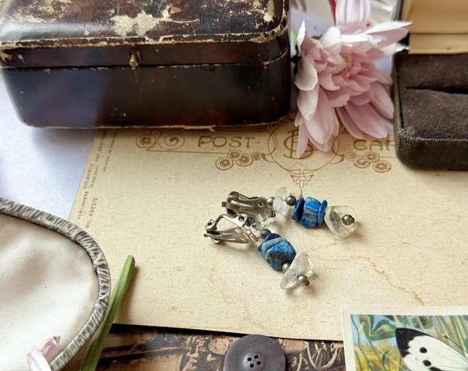 Vintage lapis lazuli and clear quartz clip-on earrings
