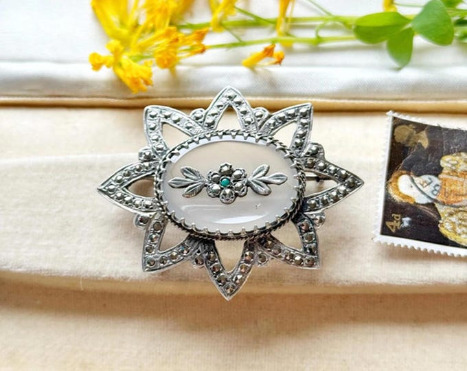 Art Deco Silver Marcasite Brooch - Vintage Camphor Glass Starburst Pin 1930s