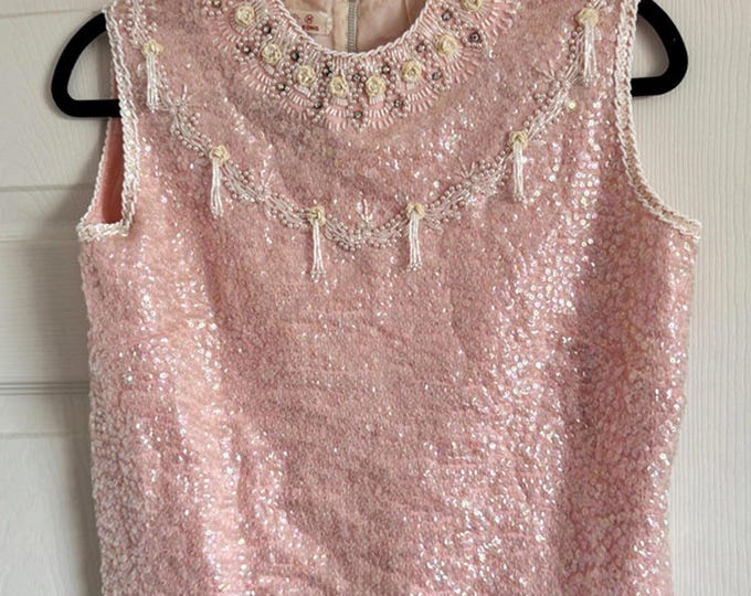 Vintage Hong Kong Beaded Shell Pink Sleeveless Top – Rose Sequins & Florals