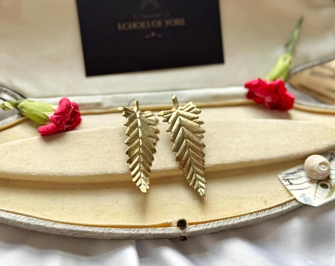 Vintage Gold-Tone Leaf Drop Earrings textured Brassy gold Foliage Statement Pair